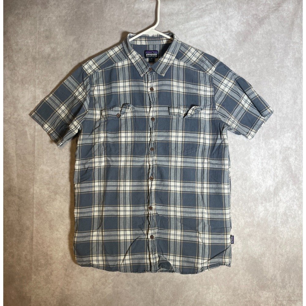 Patagonia Shirt Mens Large Blue Plaid Button Up Short Sleeve Cotton Casual